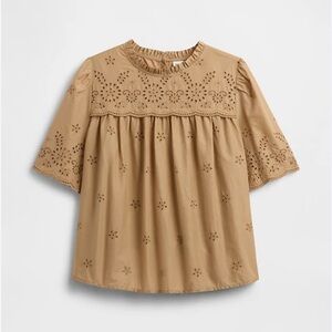 GAP Relaxed Puff Sleeve Eyelet Ruffle Elbow Sleeve Cotton Top in Tan, XL NWT